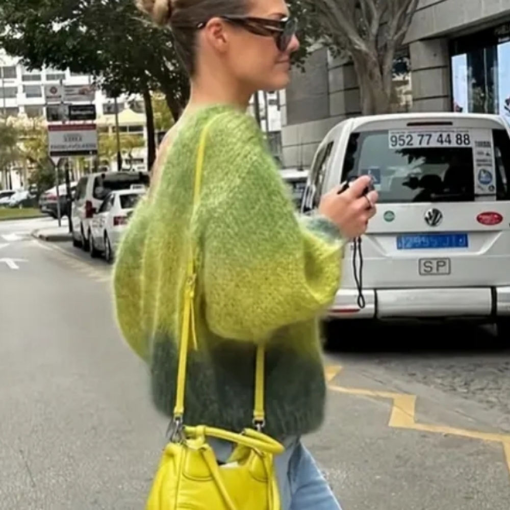 Elegant French-Inspired Women's Ombre V-Neck Sweater | Backless Design, Green - Picture 4 of 6